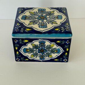 World Market Ceramic Square Trinket Box With Floral Design & Blue Yellow Accents